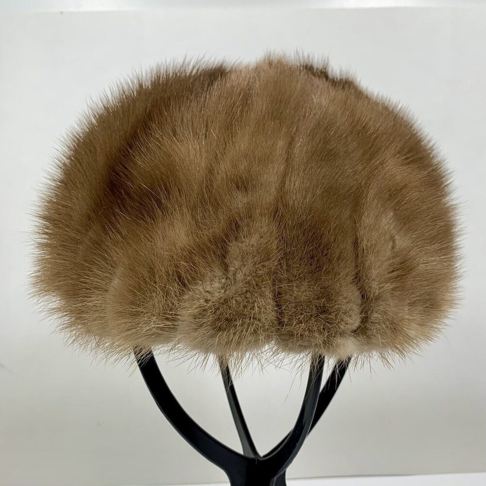 Womens Hat Vtg 1960s Light Brown Mink Fur Pillbox Mid Century Modern Luxury